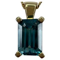 2.45 Carat Vivid Neon Blue Zircon Emerald Cut 18k Yellow Gold Pendant Necklace