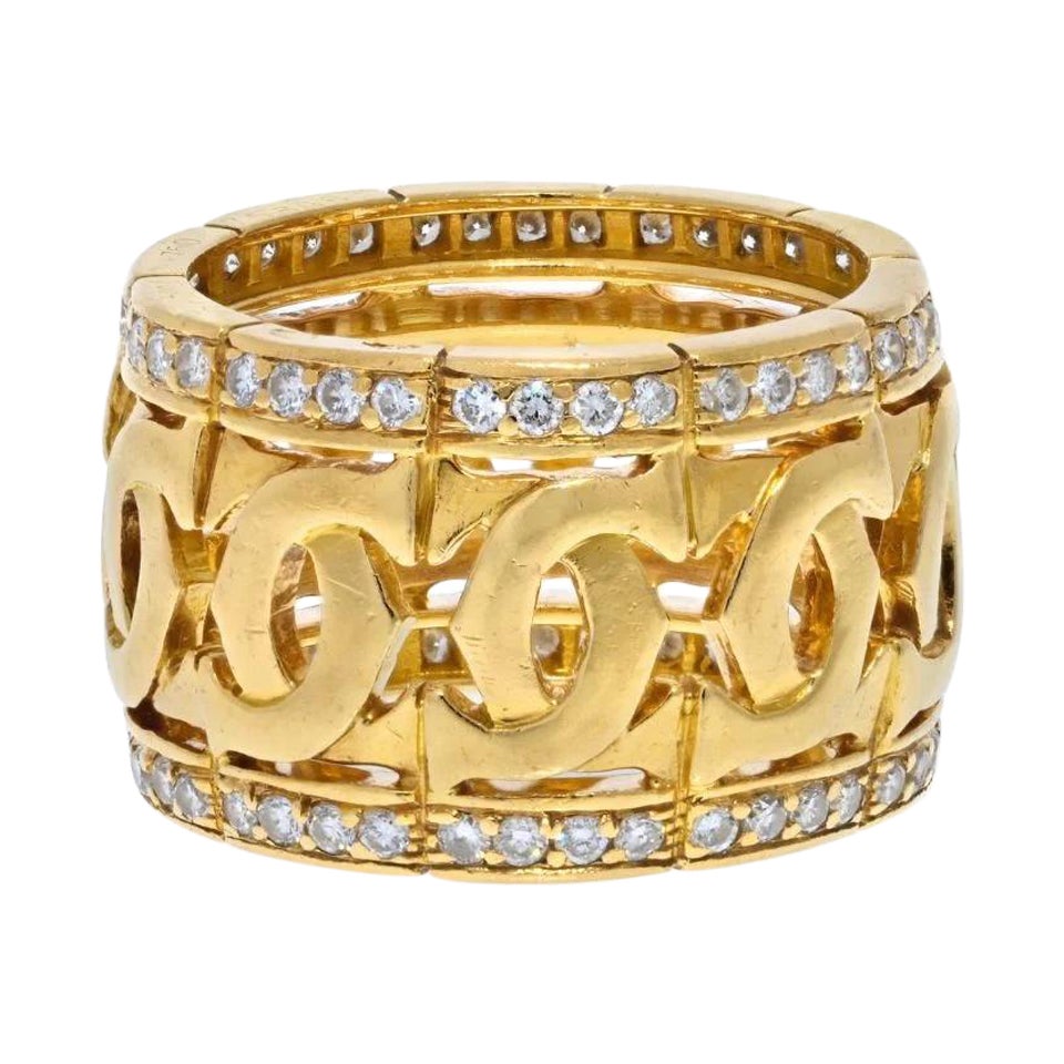 Cartier 18k Yellow Gold Double C Logo and Diamond Wide Band Ring
