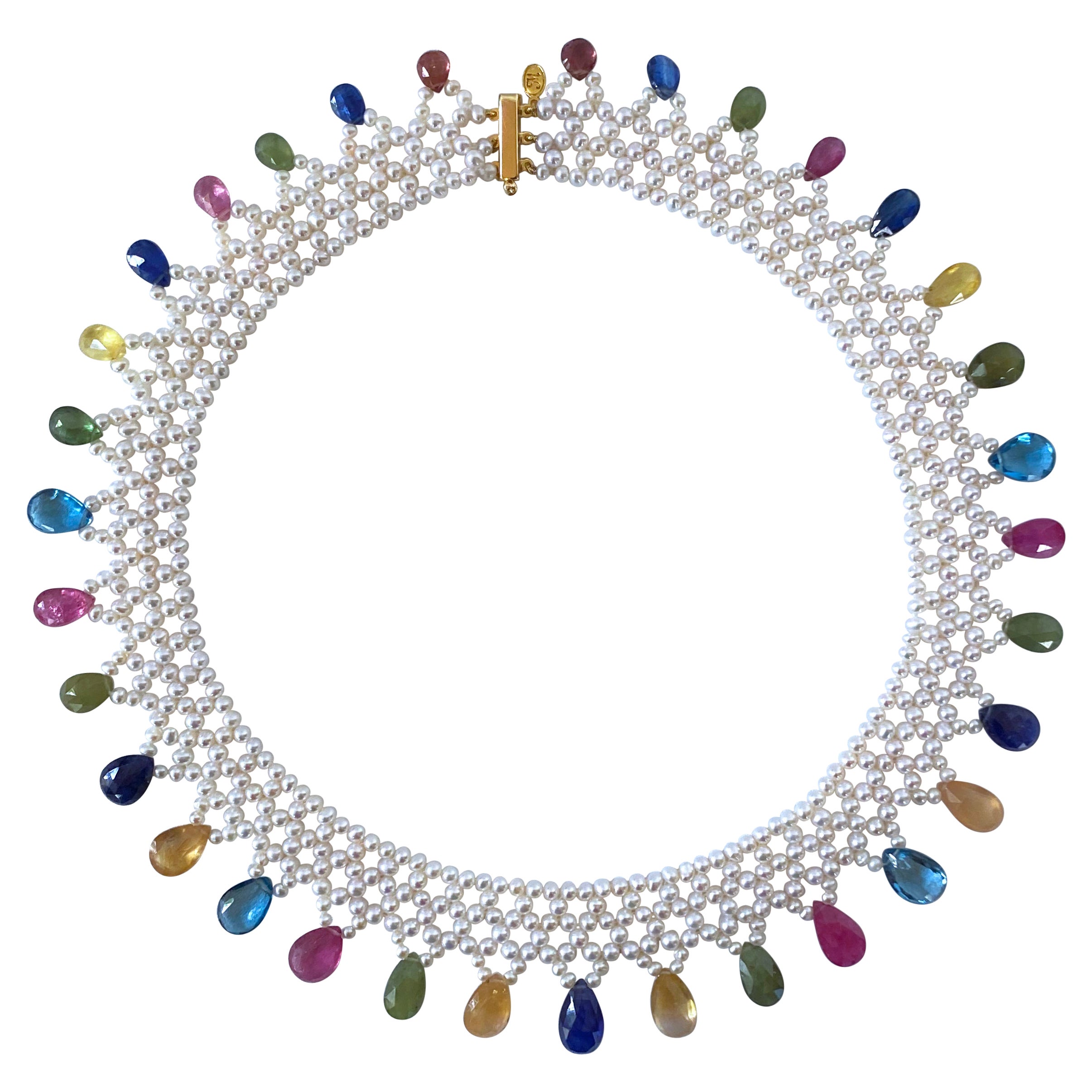Marina J. Pearl Woven Necklace w Multi Semi Precious Stones and 14k Yellow Gold For Sale