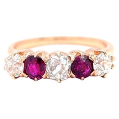 Antique Edwardian Diamond Ruby 14 Karat Rose Gold Five Stone Ring
