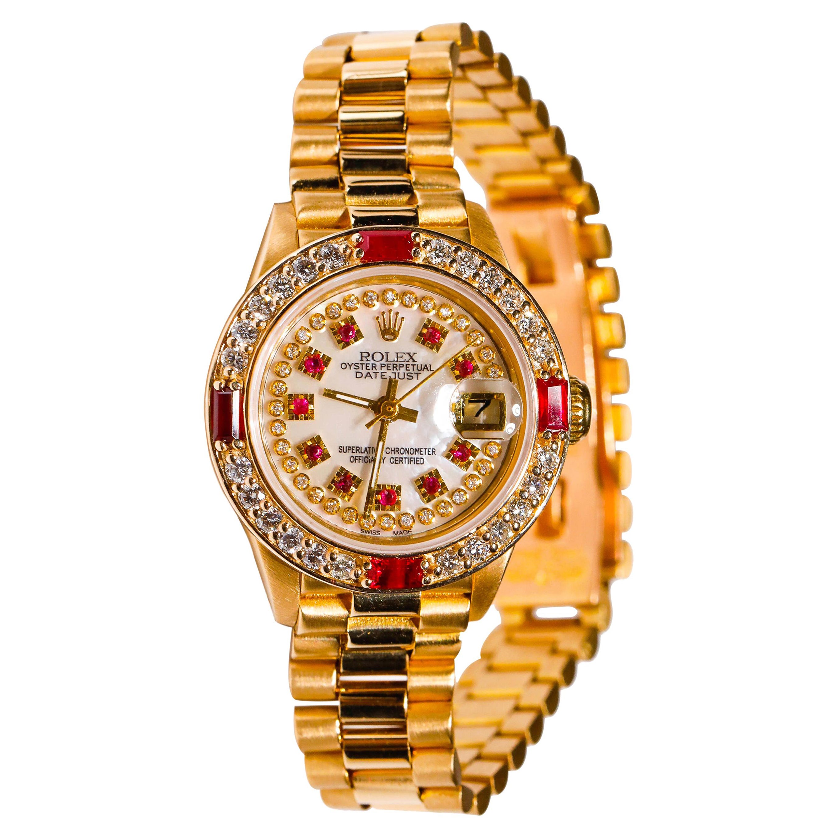 Rolex Ladies President 18 Karat Gold Ruby Watch Mother of Pearl Diamond Dial For Sale