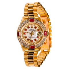 Vintage Rolex Ladies President 18 Karat Gold Ruby Watch Mother of Pearl Diamond Dial