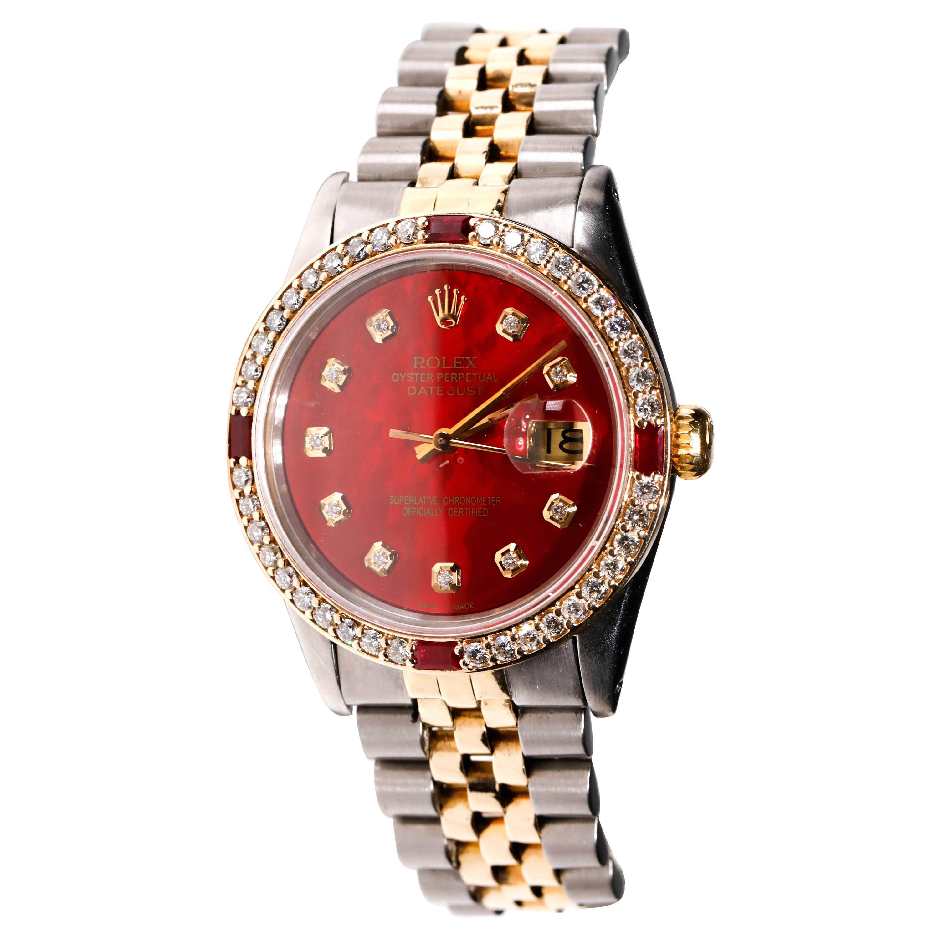 Rolex Montre Datejust bicolore en or 18 carats avec cadran automatique en diamants et rubis, pour hommes, 1978