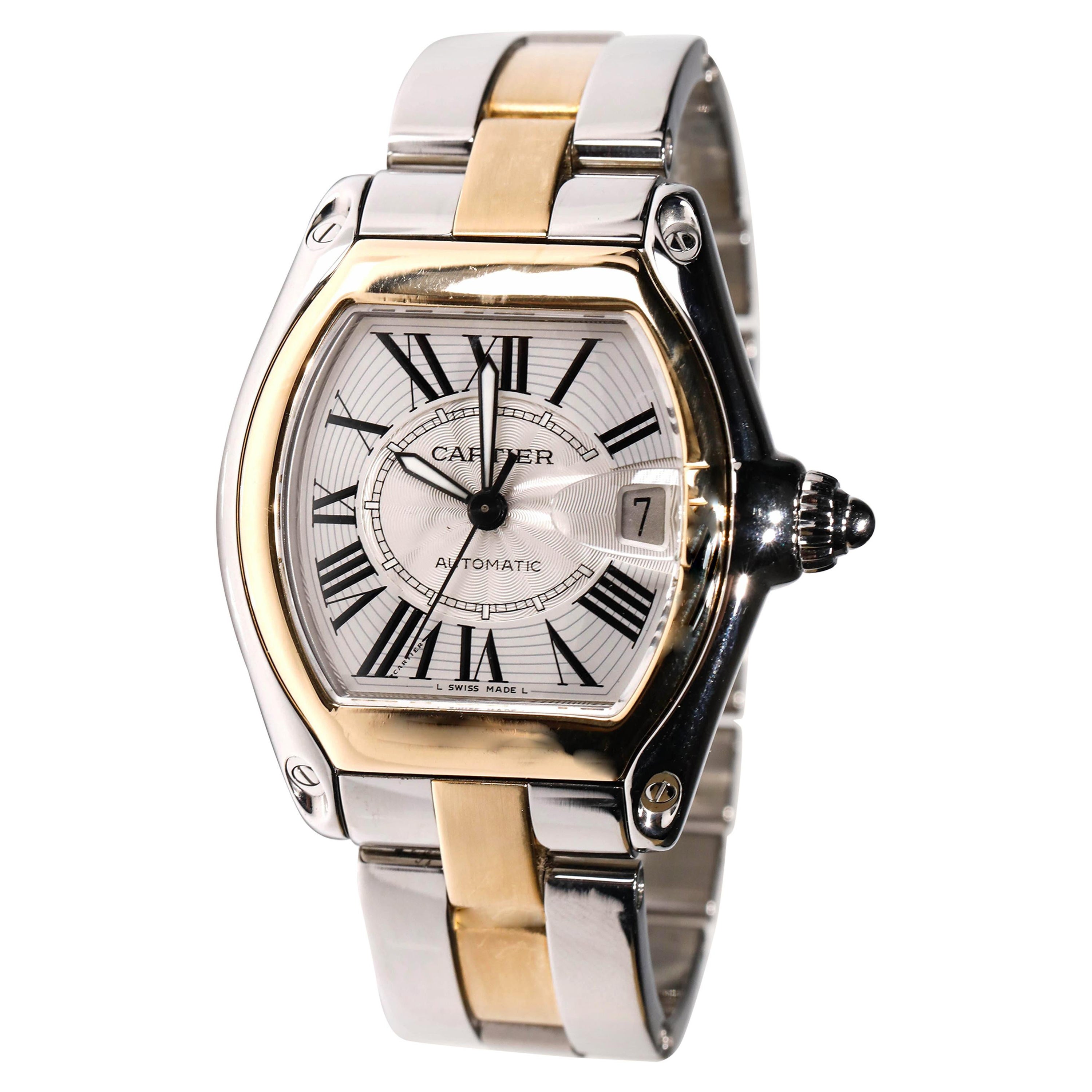 Cartier Two-Tone 18 Karat Gold and Stainless Roadster Large Size Mens Watch 2510 For Sale