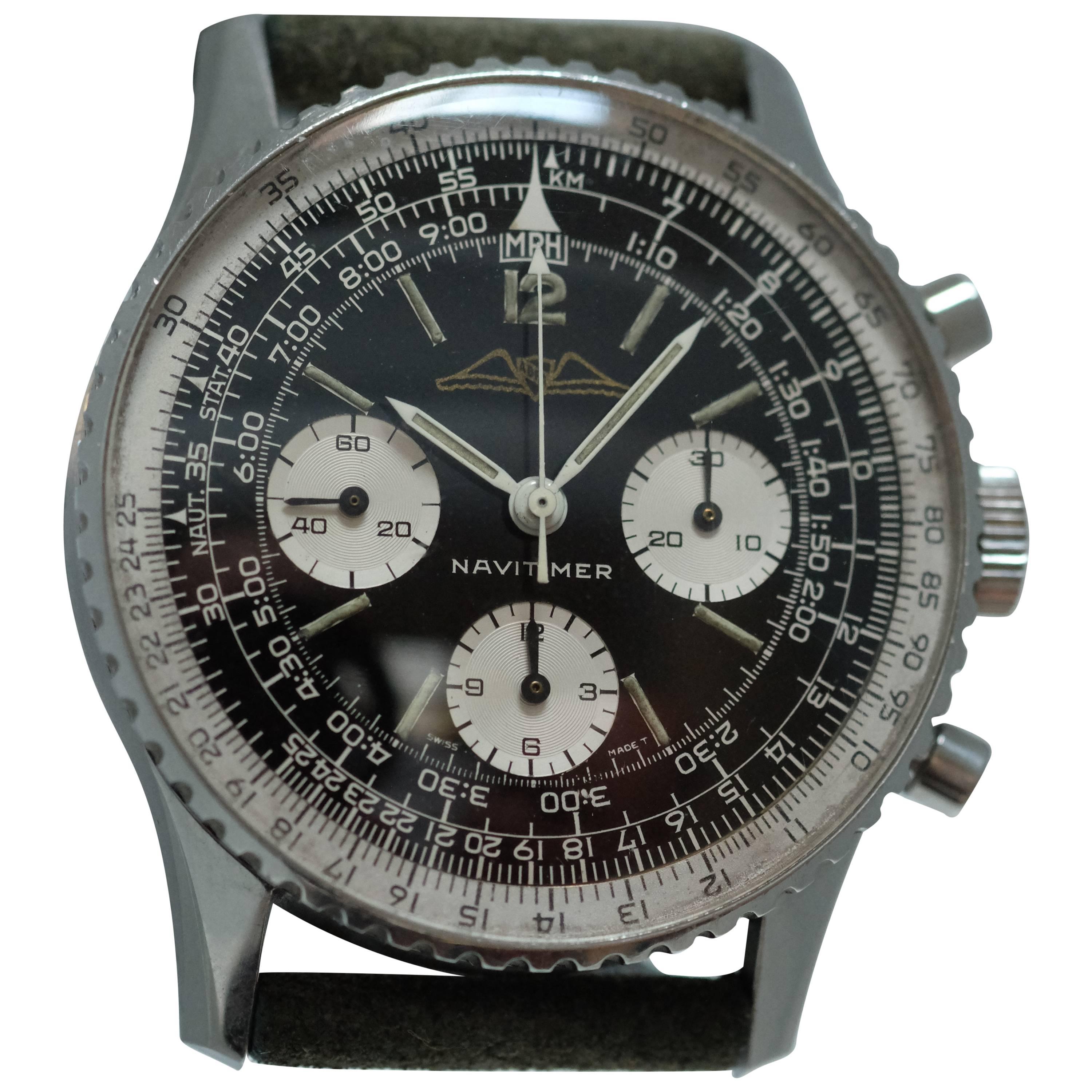Breitling Stainless Steel Black Dial Navitimer Manual Wind Wristwatch For Sale