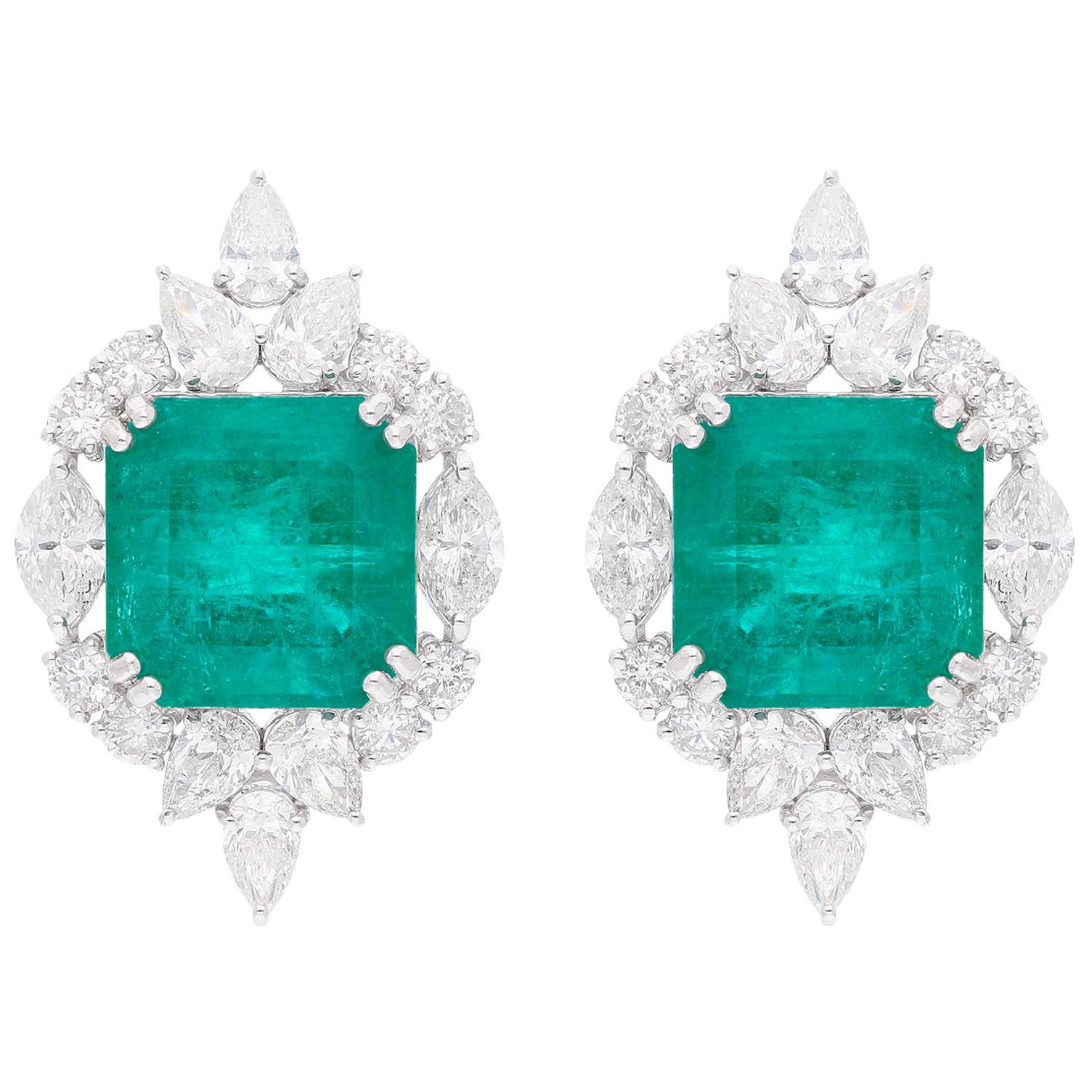 Natural Emerald Gemstone Stud Earrings Pear Round Diamond 18 Karat White Gold