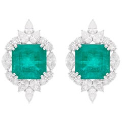Natural Emerald Gemstone Stud Earrings Pear Round Diamond 18 Karat White Gold