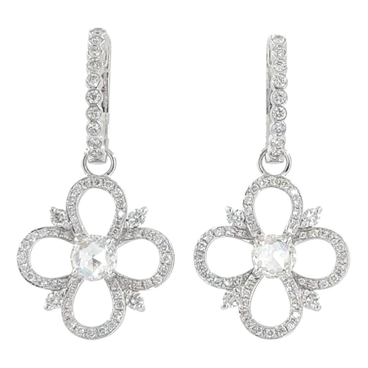 Vintage 1.10Ct Rose Cut Diamond Dangle Earrings in 18 Karat White Gold