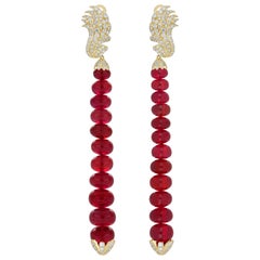 Ruby and Diamond in 18 Karat Yellow Gold Hand-made Party Wear Drop Beads Earring