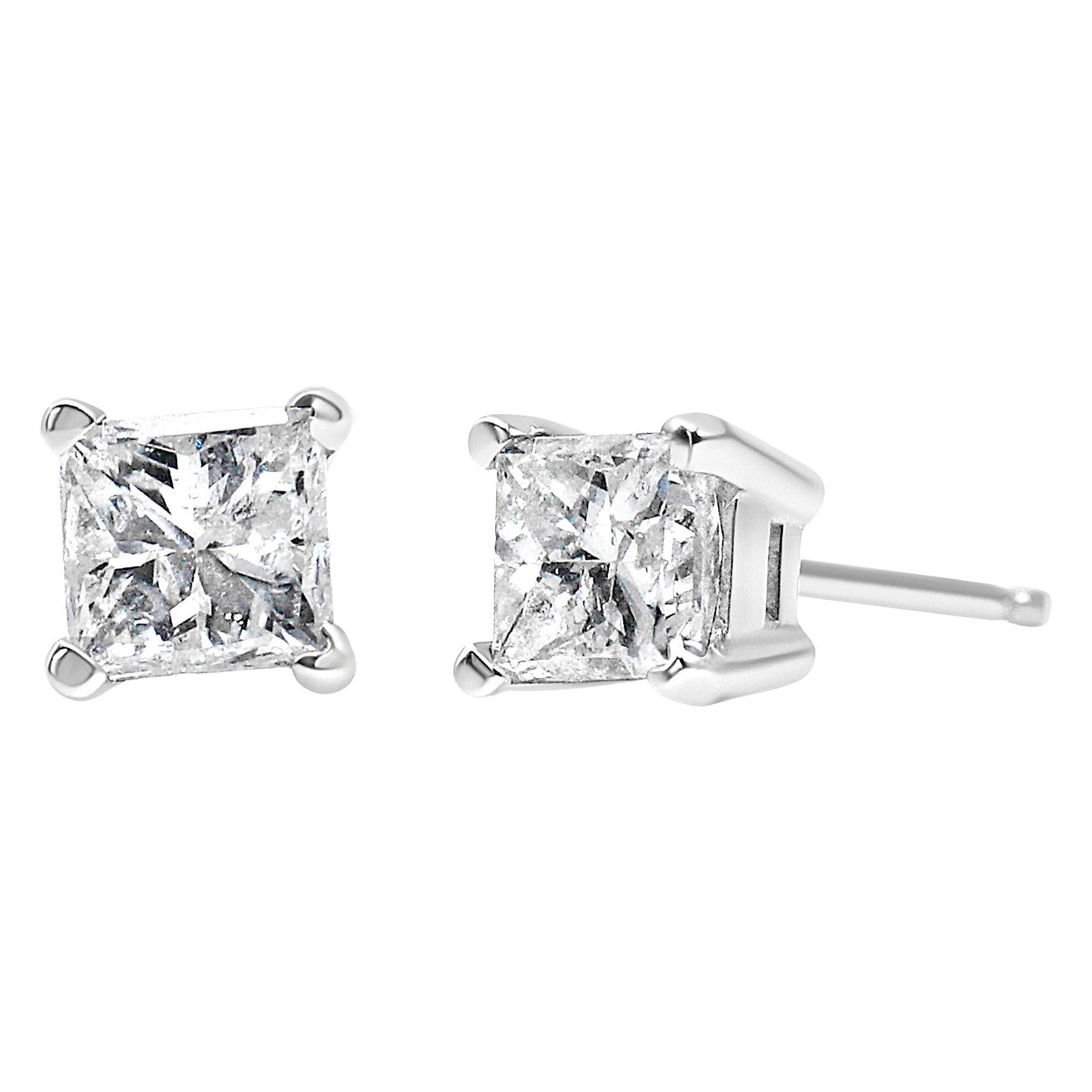 14K White Gold 1.0 Carat Square Near Colorless Diamond Solitaire Stud Earrings For Sale