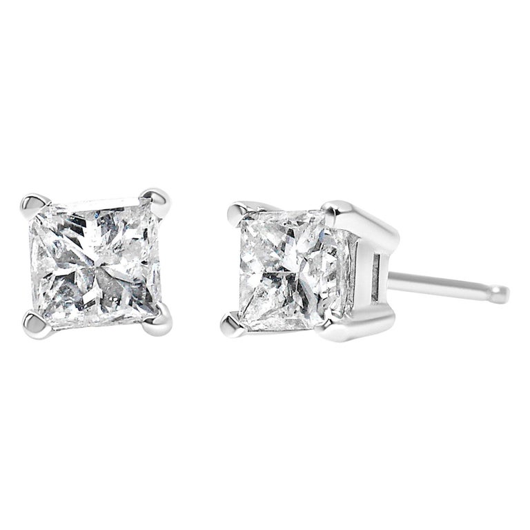 14K White Gold 1.0 Carat Square Near Colorless Diamond Solitaire Stud ...