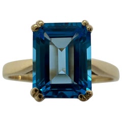 2.00 Carat Swiss Blue Topaz Emerald Octagonal Cut Yellow Gold Solitaire Ring