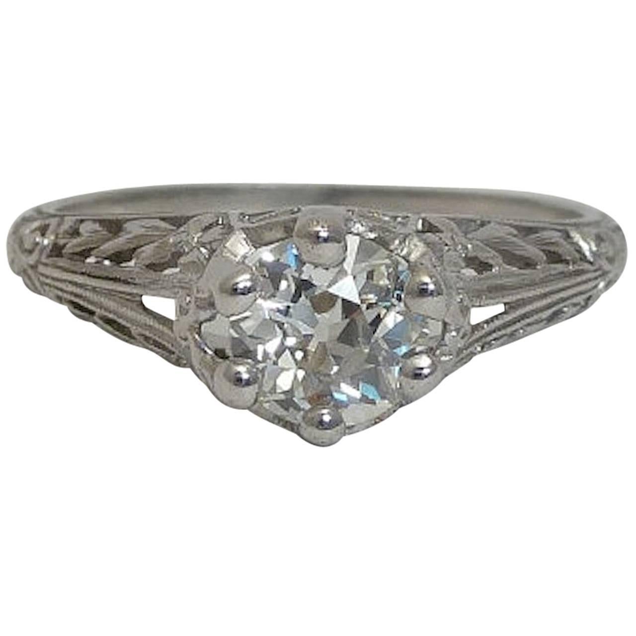 Art Deco Hand Engraved Orange Blossom Diamond Platinum Engagement Ring  For Sale