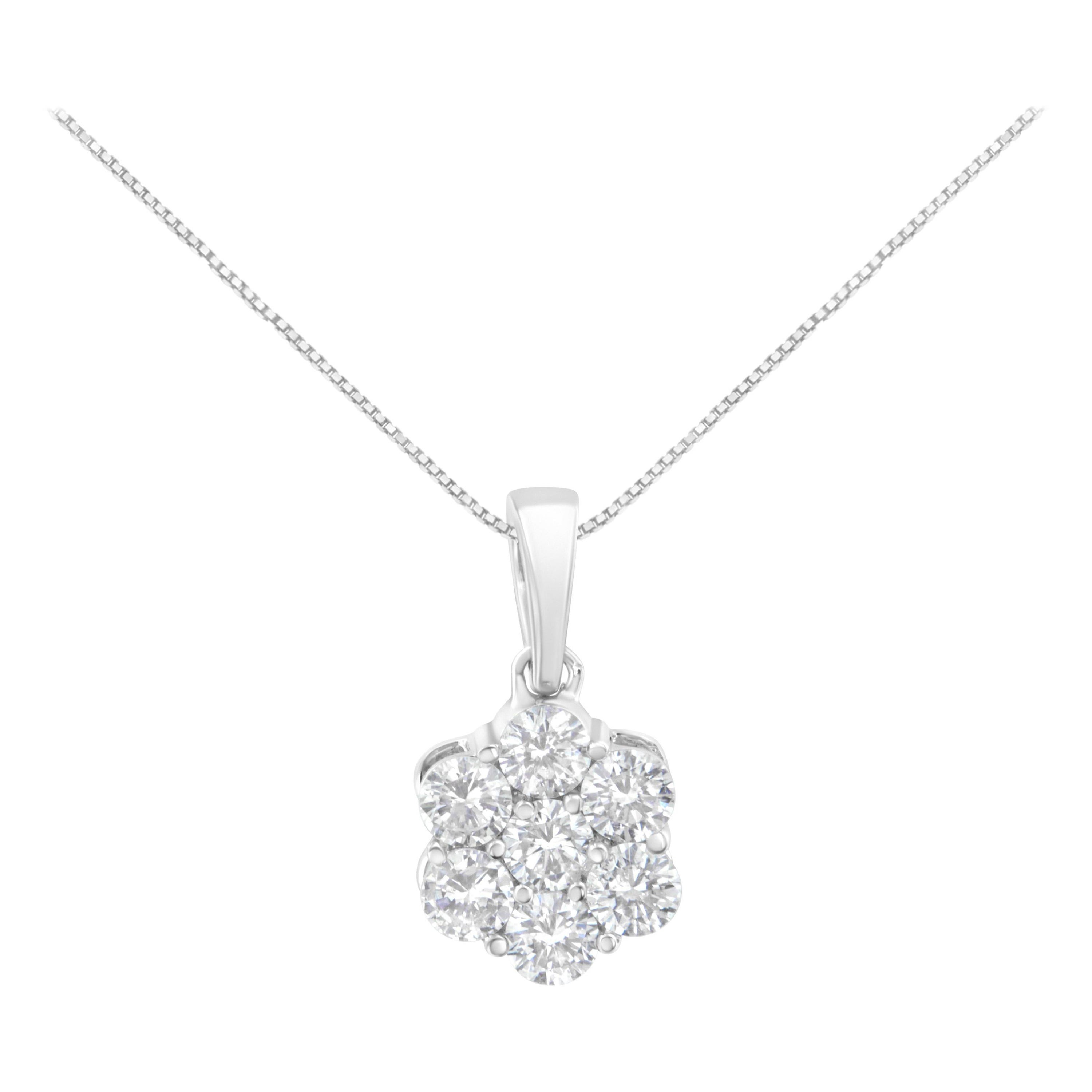 14K White Gold 1.0 Carat Round-Cut Diamond 7 Stone Flower Pendant Necklace