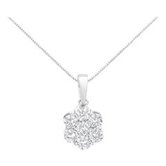 14K White Gold 1.0 Carat Round-Cut Diamond 7 Stone Flower Pendant Necklace