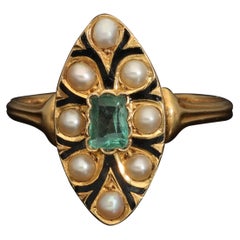 Antique French Navette Emerald Ring, Antique Edwardian Enamel Pearl Navette Ring