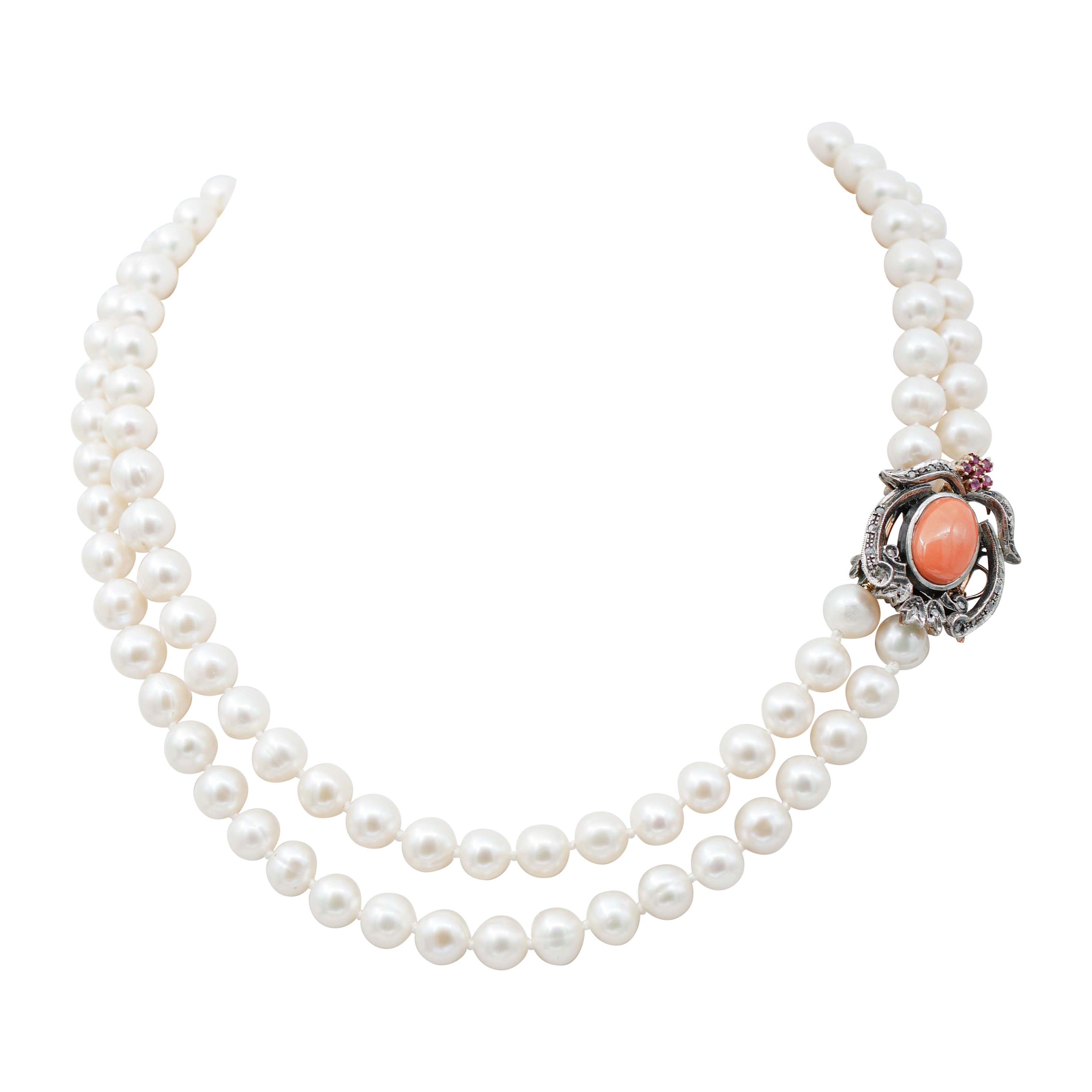 Pearls, Coral, Rubies, Diamonds, 14 Karat Rose Gold and Silver Necklace