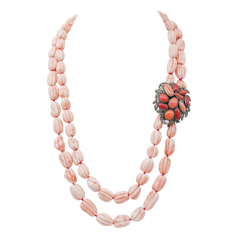 Coral, Diamonds, Rose Gold and Silver MultiStrands Necklace For Sale
