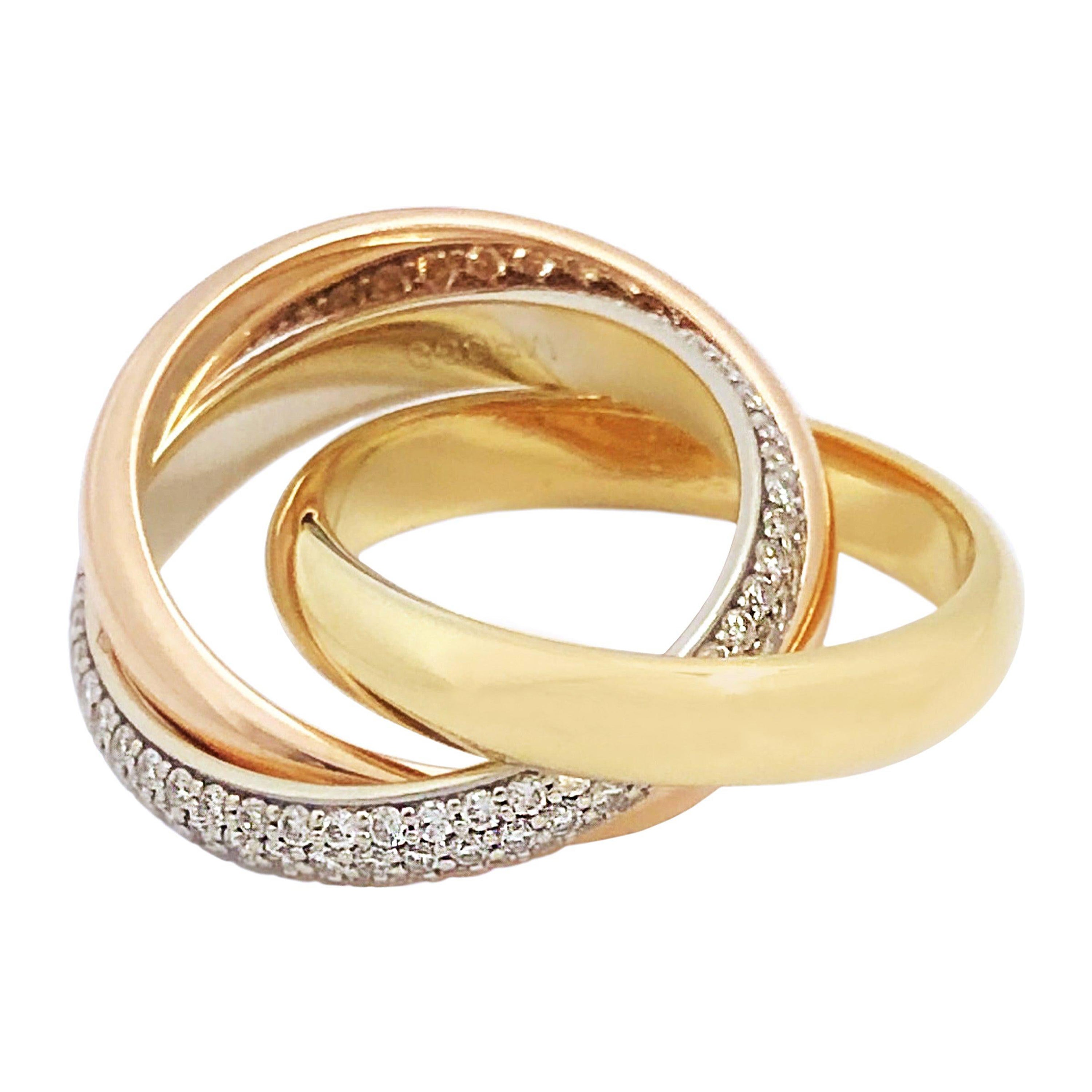 Cartier Trinity Tri-Color Gold and Diamond Pave Rolling Band Ring For Sale