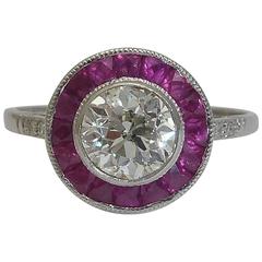 French Cut Ruby and 0.53 Carat Diamond Platinum Target Ring 9