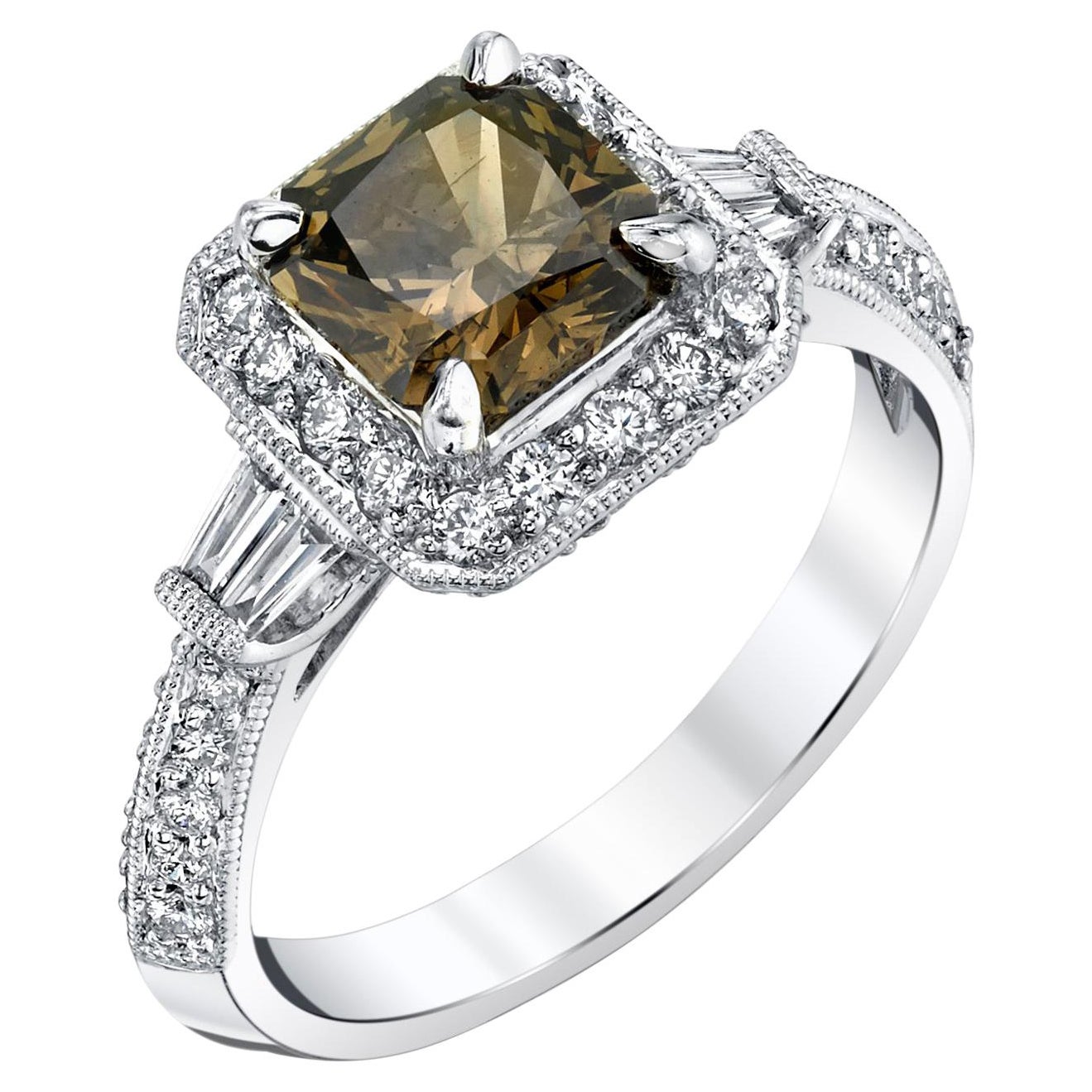 Radiant Coffee Diamond Engagement Ring in 18k White Gold, 1.19 Carats For Sale