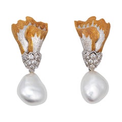 Baroque Pearl Diamond Drop Earrings Vintage 18k Yellow White Gold Estate Jewelry
