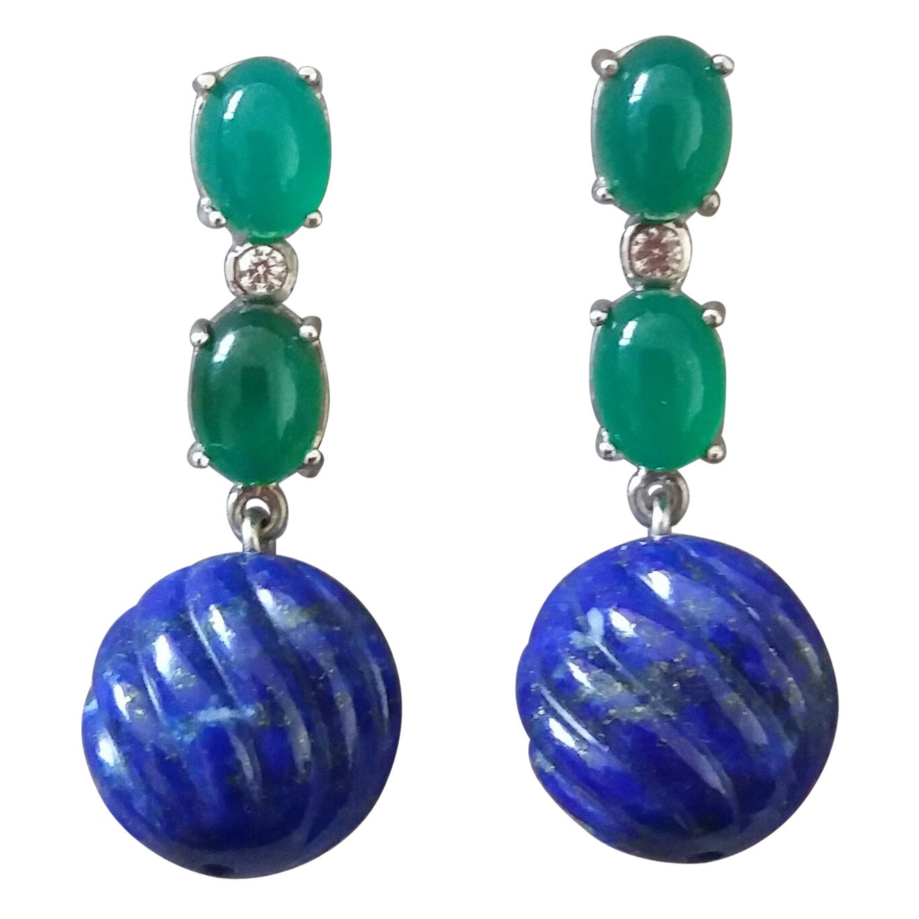 2 Green Onyx Oval Cabs Gold Diamonds Carved Lapis Lazuli Beads Dangle Earrings For Sale