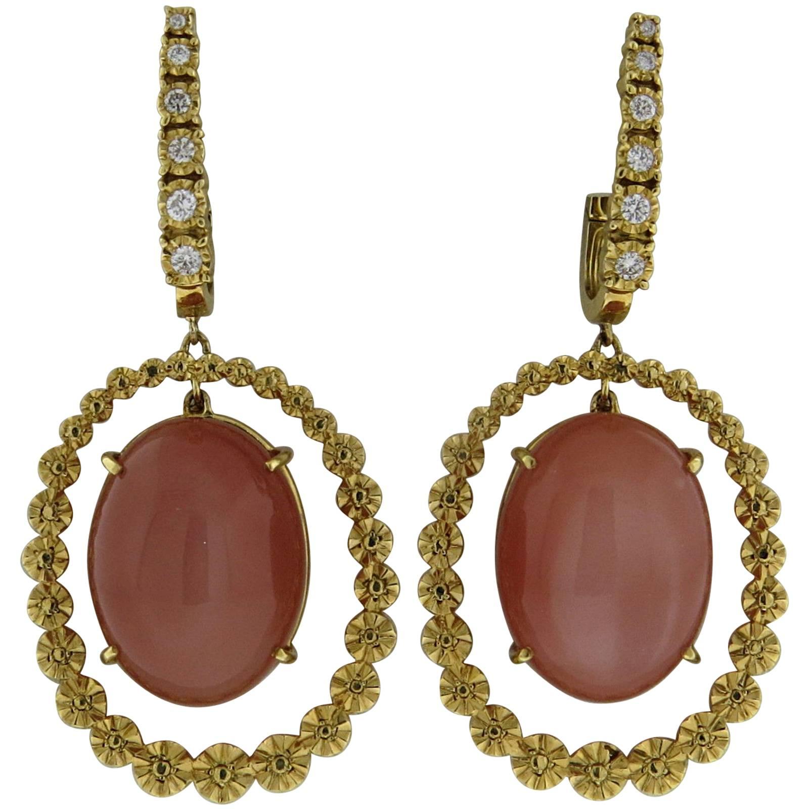 Beautiful Peach Moonstone Cabochon Diamond Gold Drop Earrings