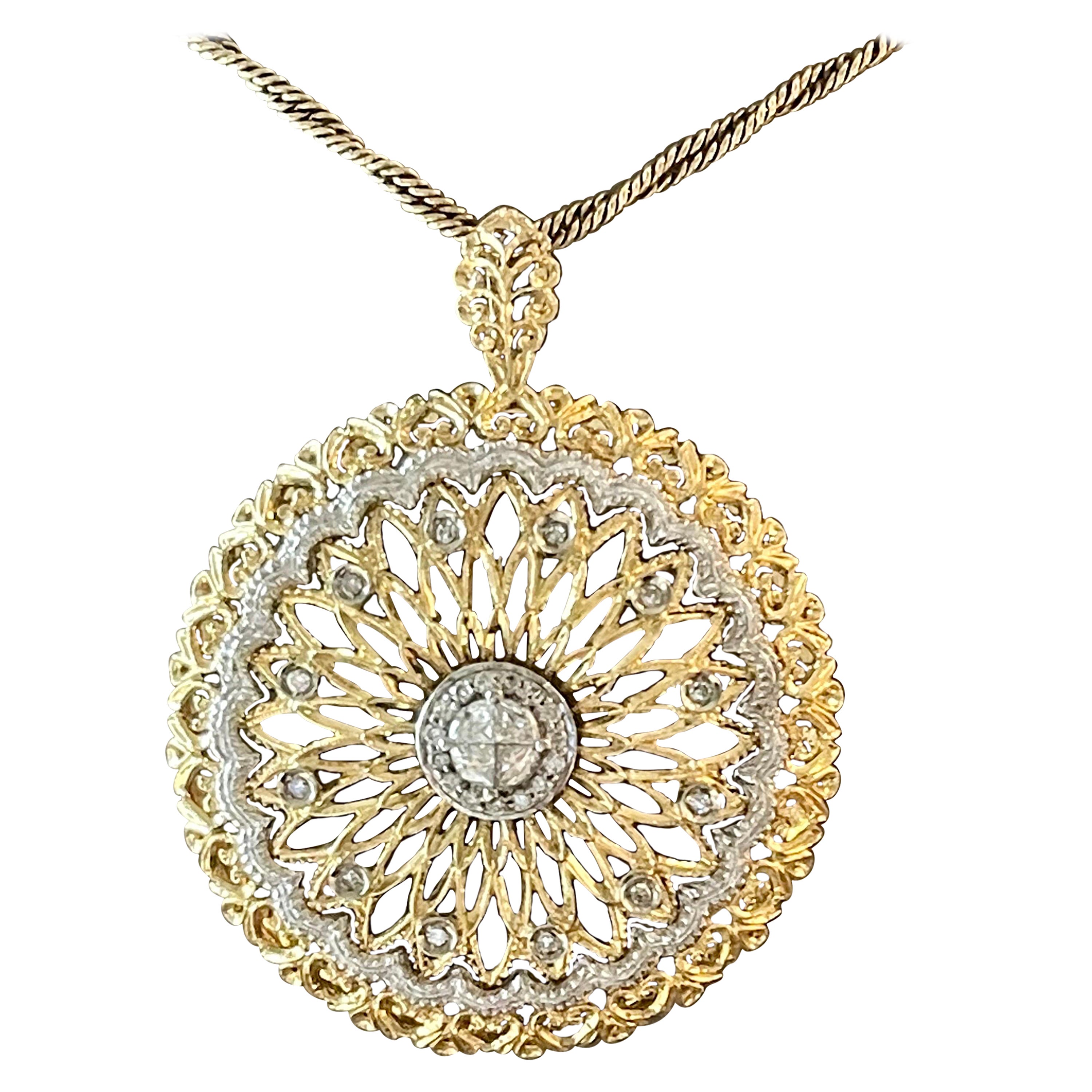 Vintage 8 K Yellow White Gold Diamond Pendant with Chain For Sale