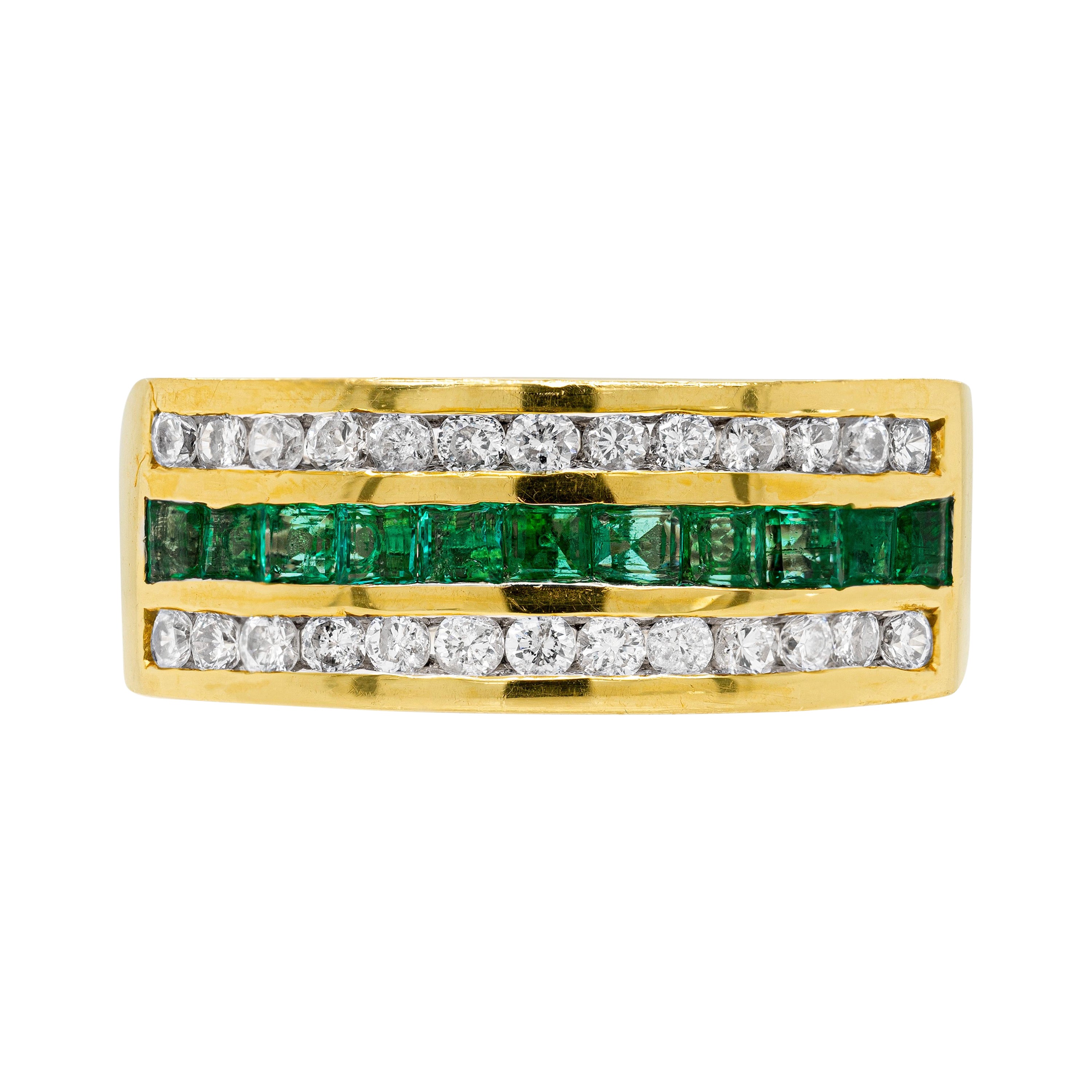 Emerald and Diamond 18 Carat Yellow Gold Half Eternity Band Ring For Sale