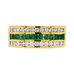 Retro Emerald and Diamond 18 Carat Yellow Gold Half Eternity Band Ring