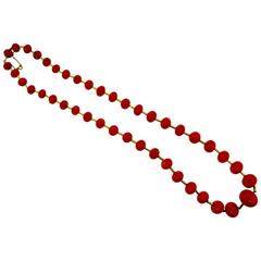 Red Coral Gold Long Chain Bead Necklace