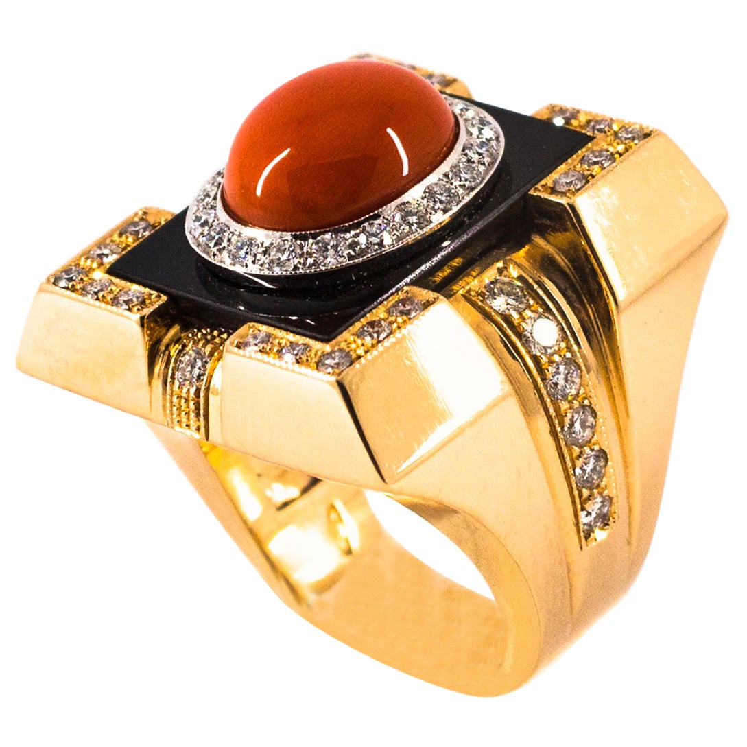 Art Deco Style Diamond Mediterranean Red Coral Onyx Yellow Gold Cocktail Ring