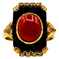 Art Deco Style Diamond Mediterranean Red Coral Onyx Yellow Gold Cocktail Ring