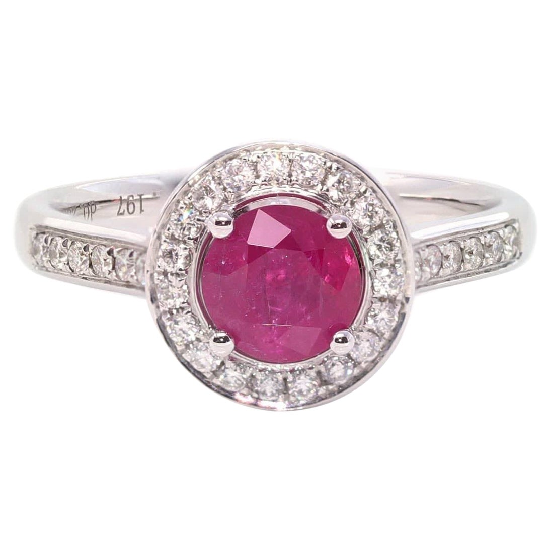 18k White Gold Natural Round Pink Ruby Diamond Anniversary Ring For Sale