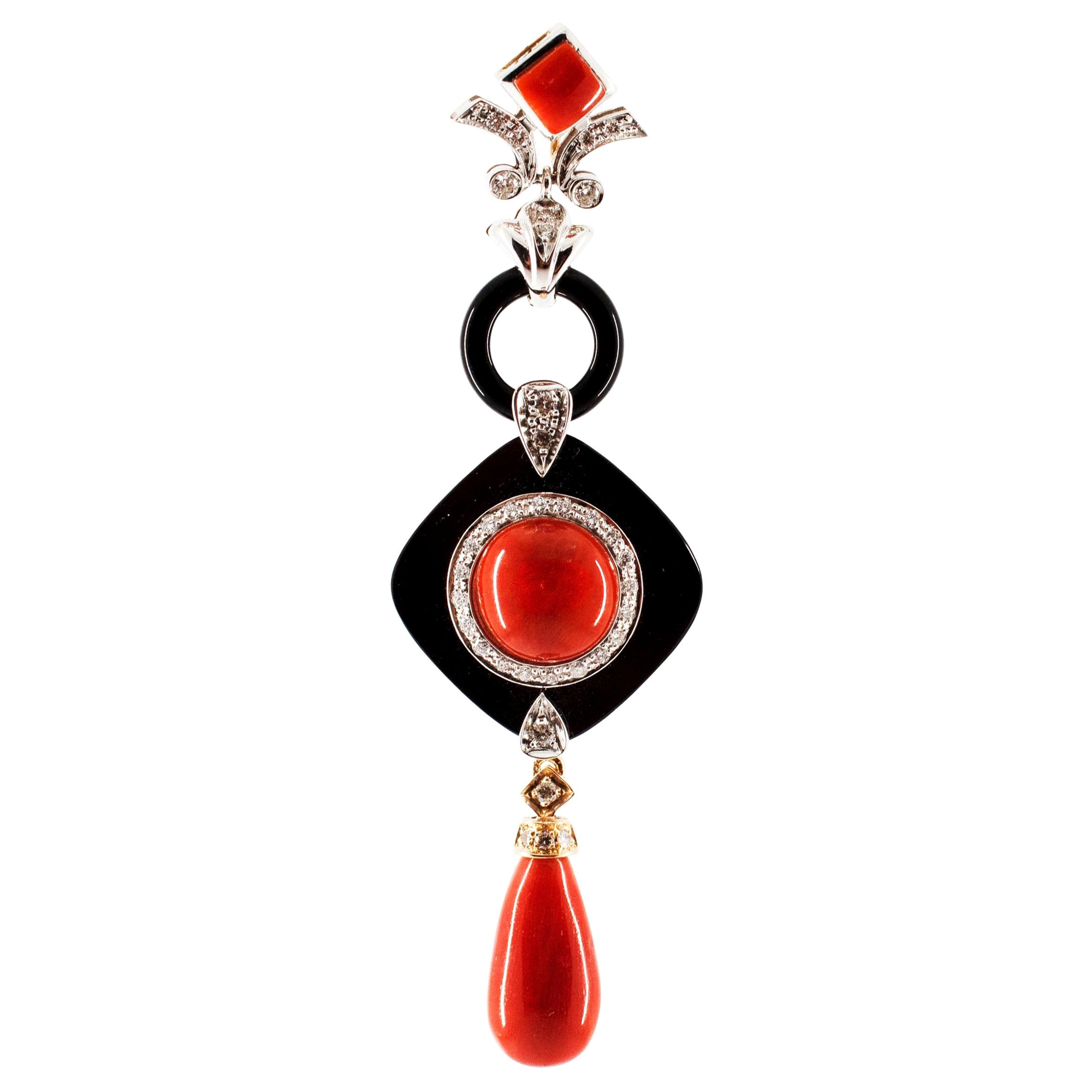 Art Deco Style Red Coral White Diamond Onyx White Gold Pendant Necklace