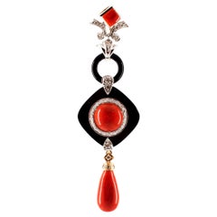 Art Deco Style Red Coral White Diamond Onyx White Gold Pendant Necklace