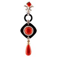 Retro Art Deco Style Red Coral White Diamond Onyx White Gold Pendant Necklace