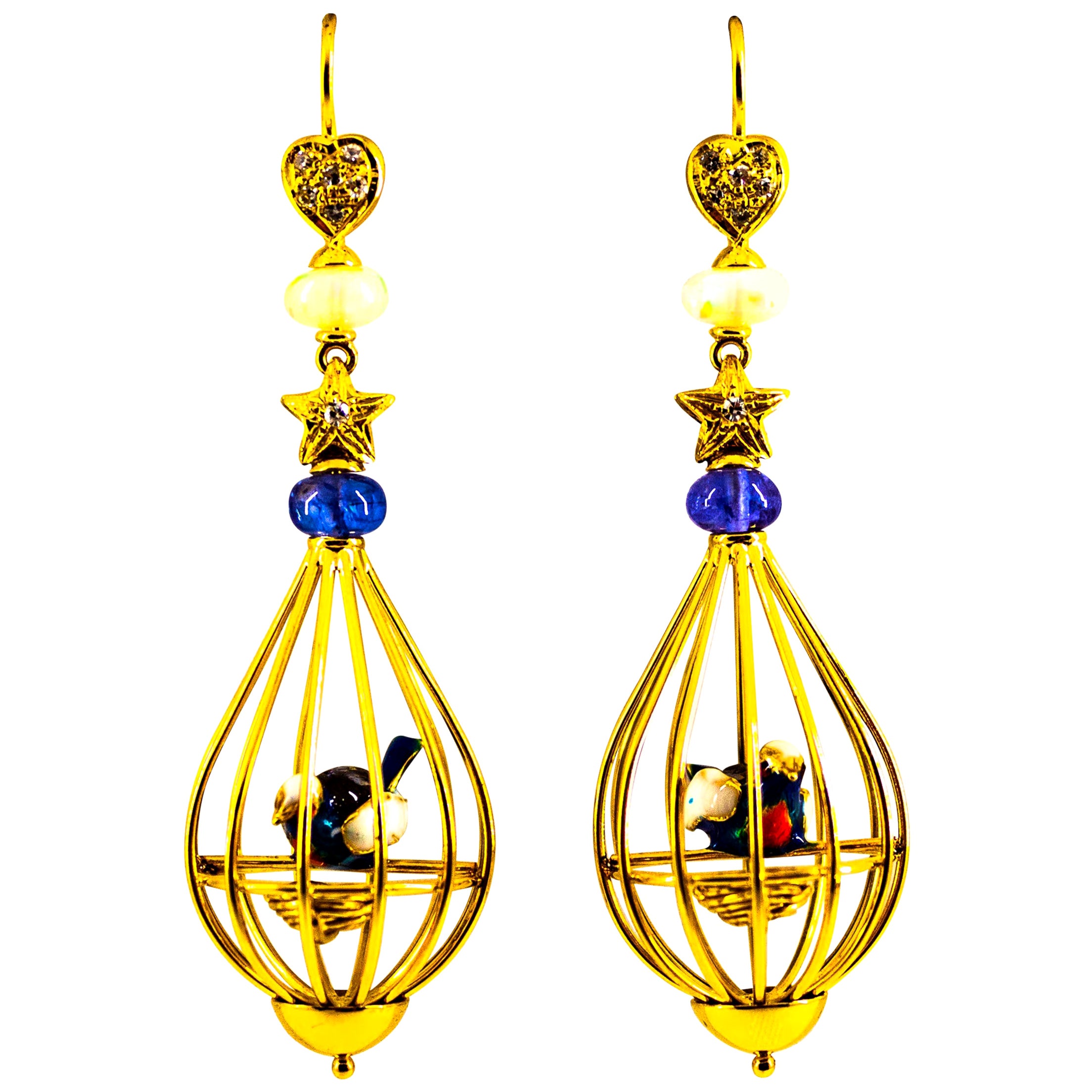 Art Nouveau White Diamond Pearl Opal Tanzanite Yellow Gold Birdcage Earrings For Sale