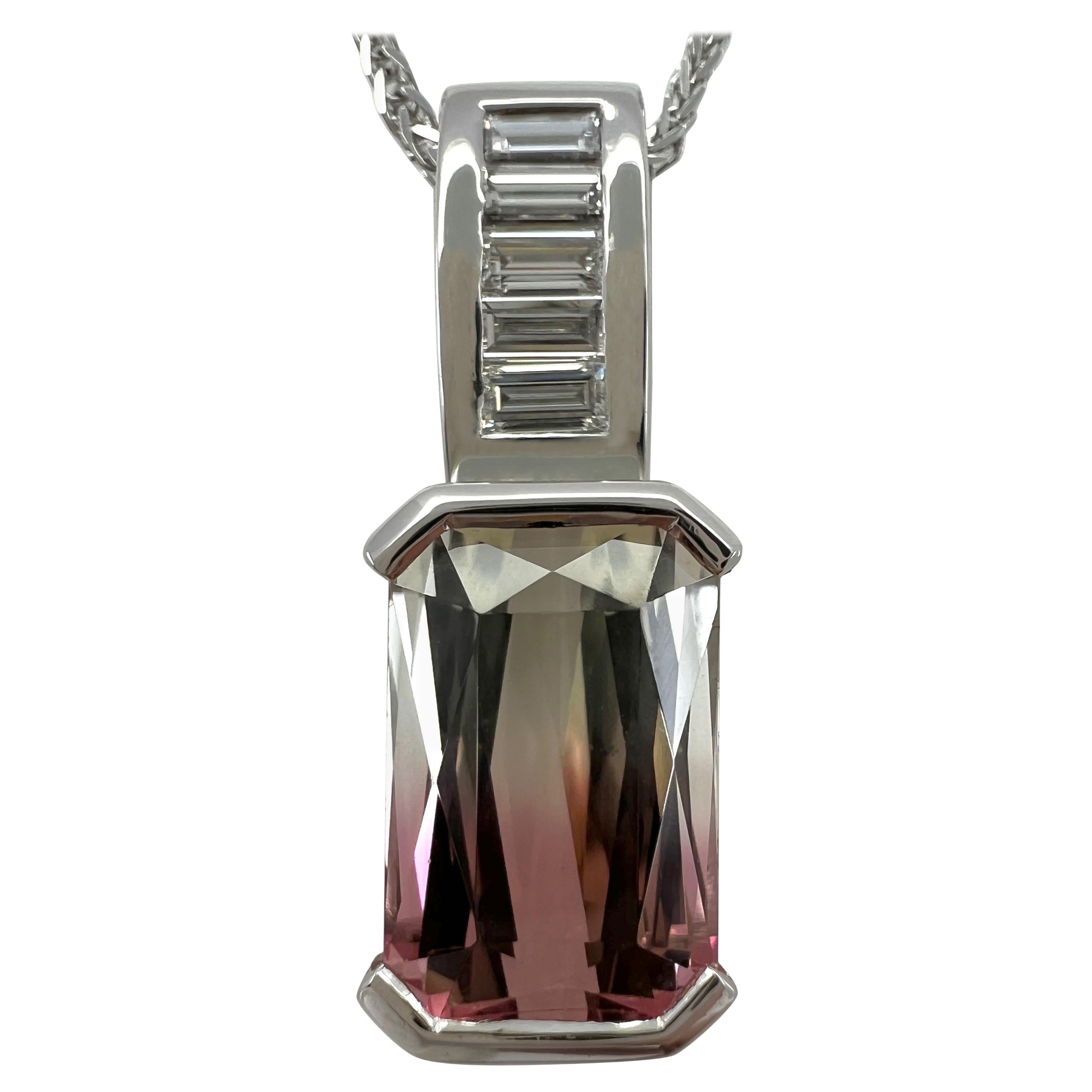 Unique 4 Carat Fancy Watermelon Tourmaline & Diamond 18k White Gold Pendant