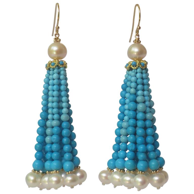 Graduated Turquoise Bead and Pearl Tassel Earrings w. 14 K Gold beads,  wire, cup at 1stDibs