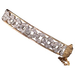 Estate Vintage 14K Yellow Gold Platinum Old Euro Diamond Bangle Bracelet