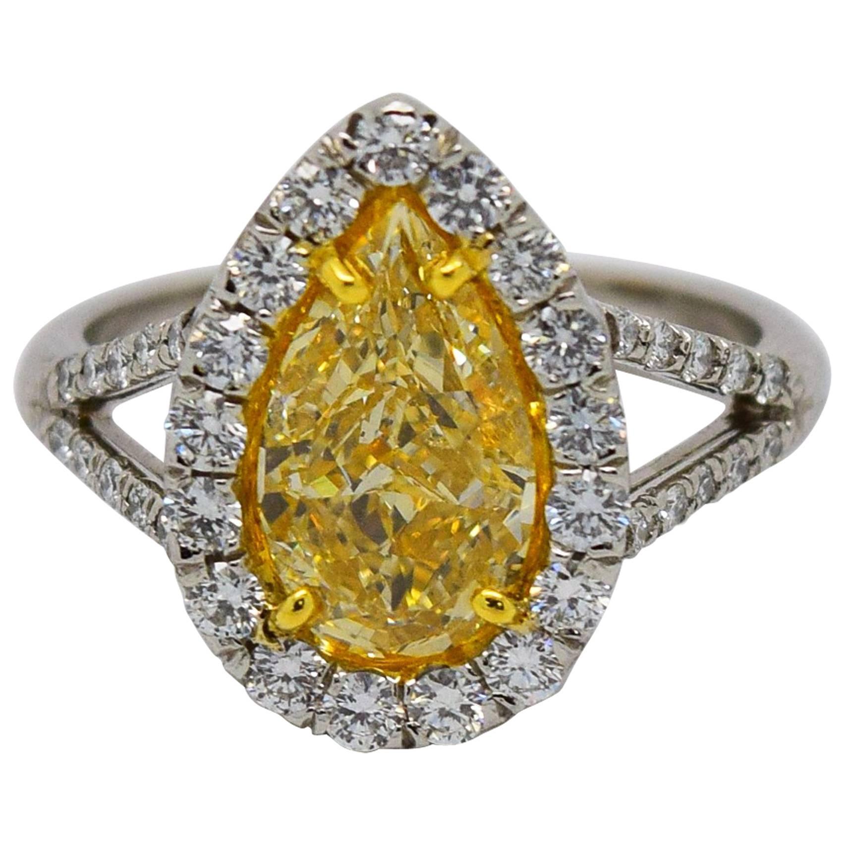 2.01 Carat Natural Yellow Pear Shaped Diamond Gold Platinum Ring