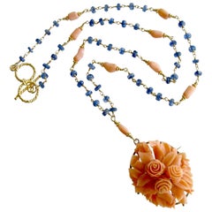 Antique Carved Coral Blue Kyanite Gold Necklace