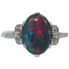 1920s Art Deco Black Opal Diamond Platinum Ring