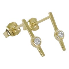Used 18K Solid Gold Earrings Diamond Bar Stud Earrings Solitaire Diamond Earrings