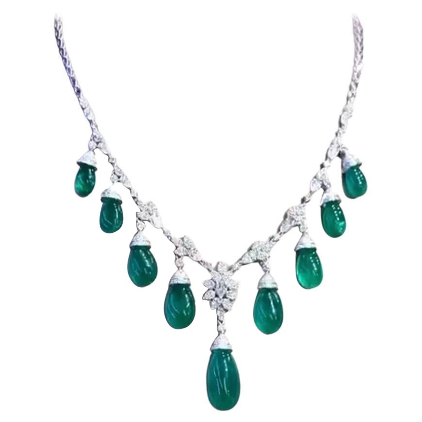 AIG Certified 73.00 Ct  Zambia Emeralds Diamonds 18K Gold Necklace