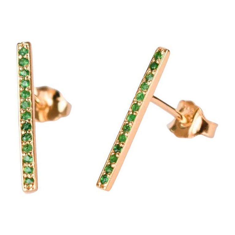 18K Emerald 26 Pcs Emerald Stud Earrings Long Bar Studs Delicate Gold Earrings For Sale
