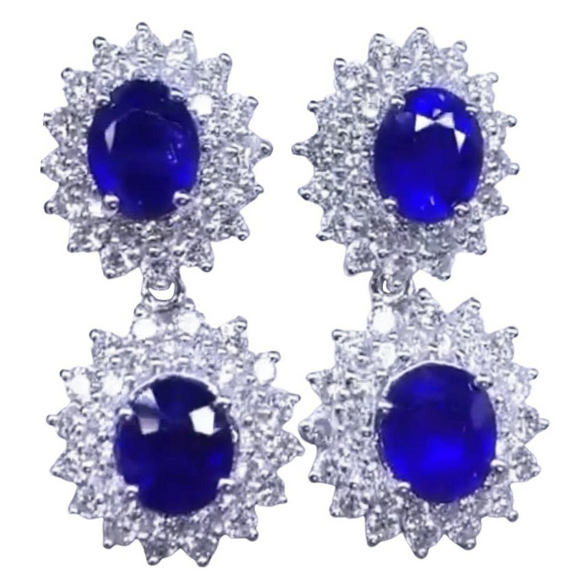 AIG Certified 10.00 Carats Ceylon Sapphires  5.00 Ct Diamonds 18K Gold Earrings For Sale