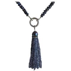 Woven Faceted Iolite Bead Tassel Sautoir and Platinum-Plated Silver, Gold Clasp